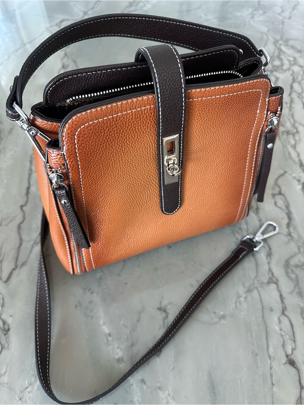 Genuine Pebbled Leather Bag Tan Dark Brown Crossbody Strap Top Handle Purse